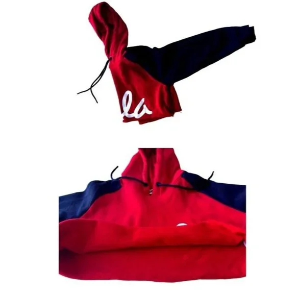 NWOT Fila Cropped Hoodie Large Red Navy Drawstring Logo Fleece Lined Swe… - Picture 10 of 12